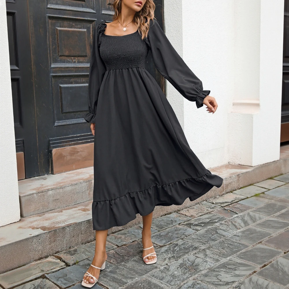 Women's K-Fashion Long Sleeve Midi Dress Autumn Winter Plain Smocking Square Neck A-Line Dress for Dating
