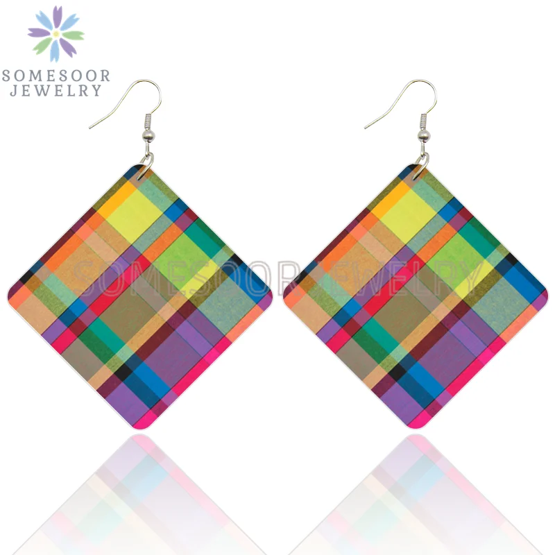 SOMESOOR Madras & Plaid Fabric Design Wooden Drop Earrings Afro Ethnic Headwrap Pattern Print Ear Dangle Jewelry For Women Gifts