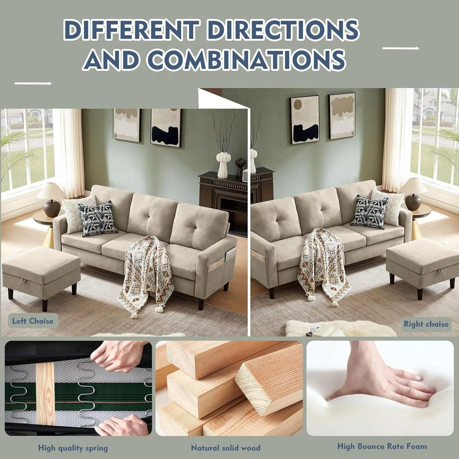 أريكة قابلة للتحويل على شكل حرف L مقاس 79 بوصة، 3 مقاعد مع كرسي تخزين وجيب، أريكة عصرية قابلة للعكس من قماش الكتان لغرفة المعيشة، Apar