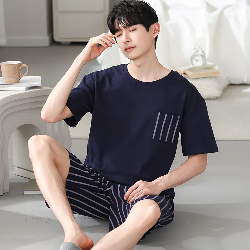 2024 New Junior Men\'s Pajamas Summer Thin modal Cotton Round Neck Double Short Suit Casual Plaid Outwardly Wearable Home Wear