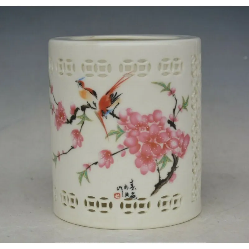 Chinese Porcelain Flowers Birds Pen Pencil Vase Brush Pot Pen Container