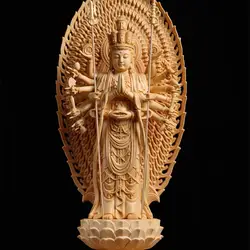 Hand Carved Cypress Wood Standing Thousand-Hand Guanyin Avalokiteshvara Statue Figurine with Lotus Base for Home Temple Altar