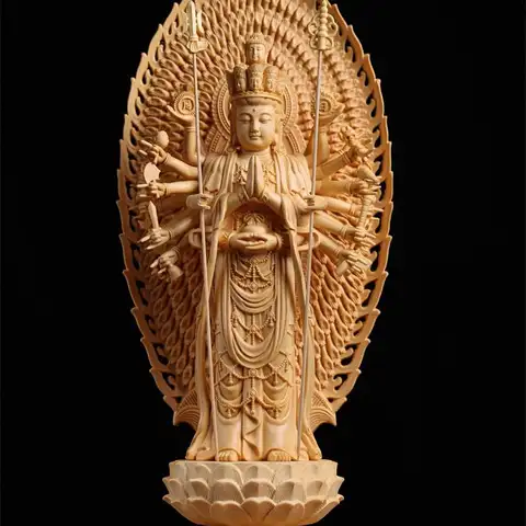 Estátua/Figurina de Guan Yin (Avalokiteshvara) com Mil Mãos, esculpida em madeira de cipreste, com base de lótus. Para casa, templo, altar.
