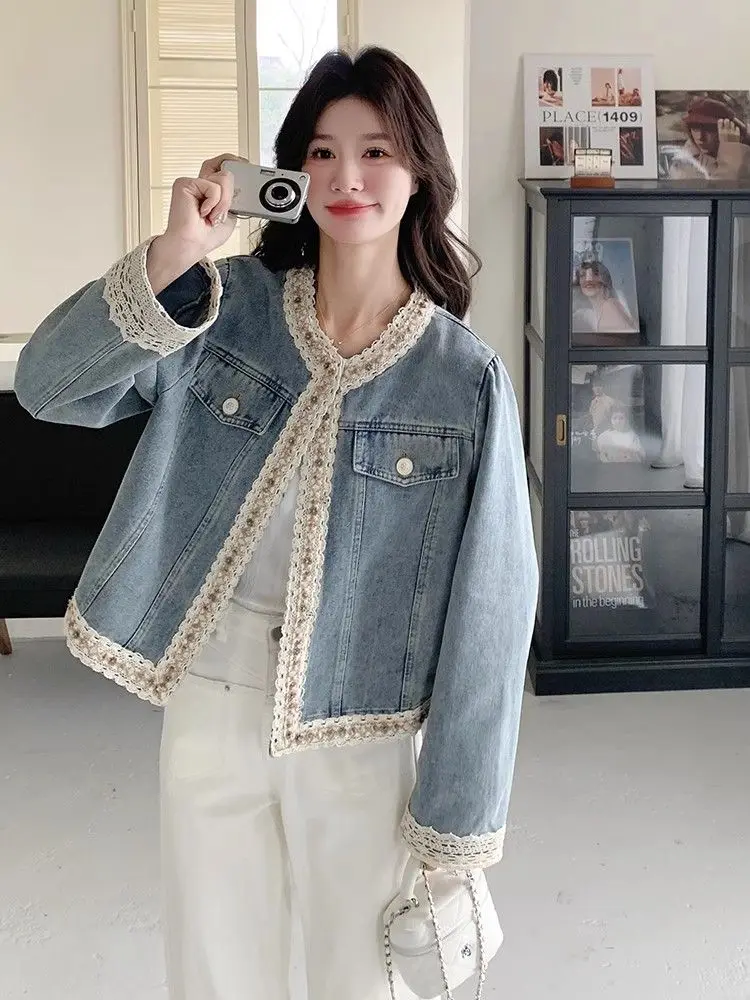 เสื้อโค้ทเดนิม 2025 ฤดูใบไม้ผลิ/ฤดูใบไม้ร่วงออกแบบสั้นลูกไม้คาร์ดิแกนผู้หญิง