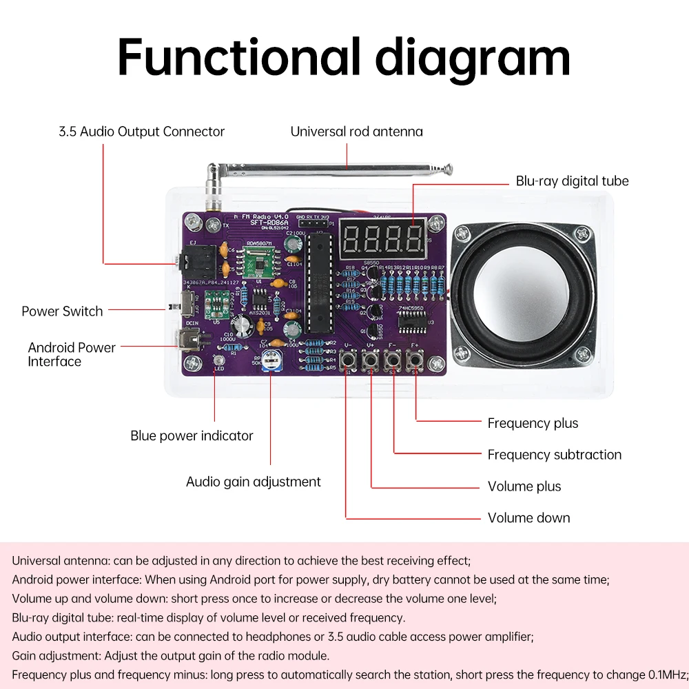 Kit de bricolage radio FM, 87.5MHz ~ 108 Z successif, réglable avec haut-parleur 5W, électronique, fuchsia, accessoires de pratique de soudage