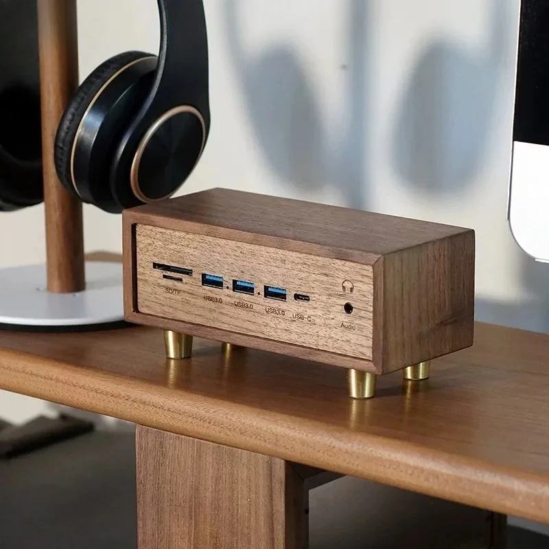Creative Desk‑Setup Solid Wood Black Walnut Computer USB3.0 Multi‑Port Card Reader, 12‑in‑1 Splitter, Docking Station HUB
