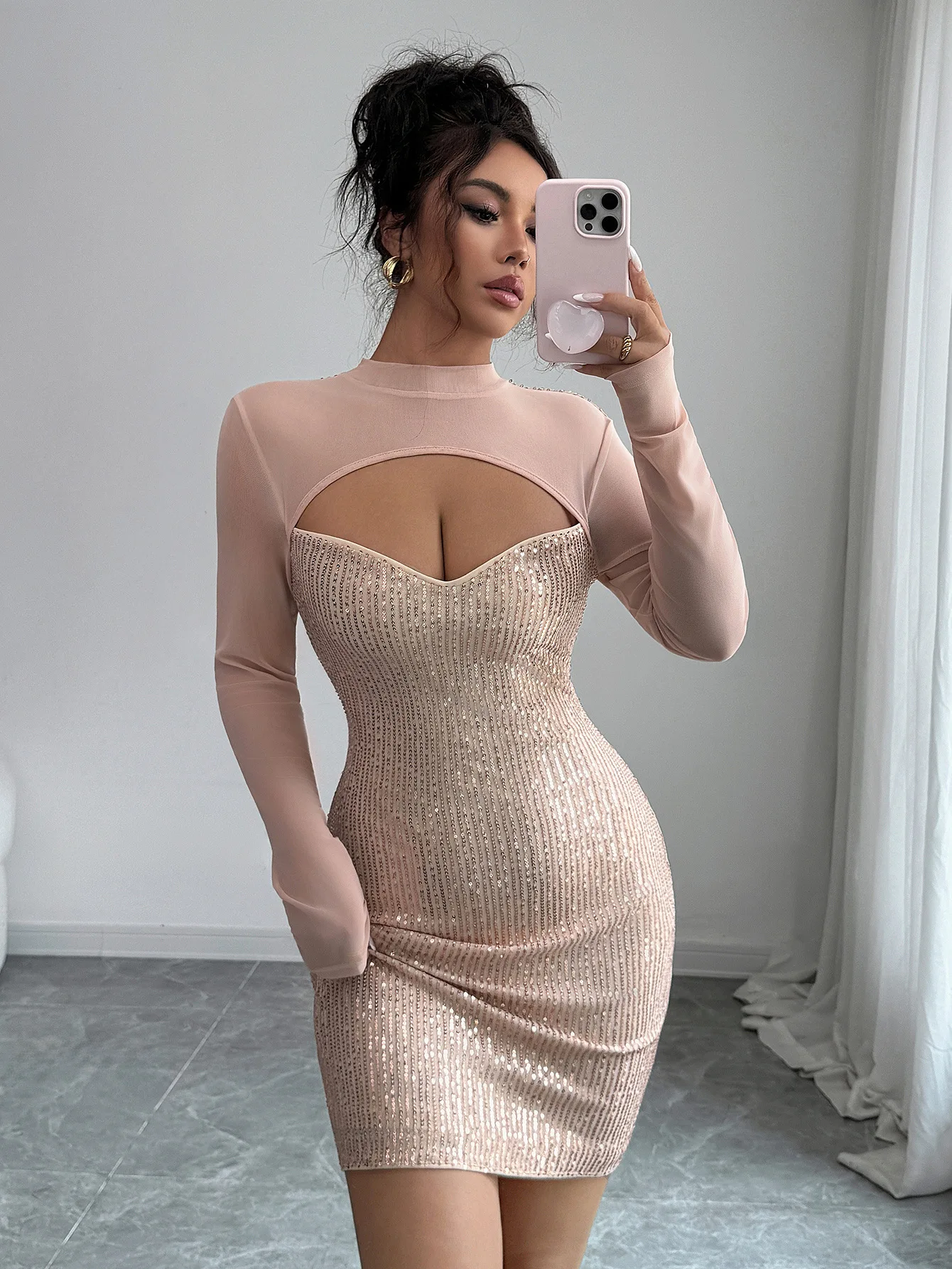 

Women's Sequin Bodycon Mini Dress Stand Collar Sheer Long Sleeve Cut Out Sweetheart Neck Formal Evening Party Cocktail Club Gown