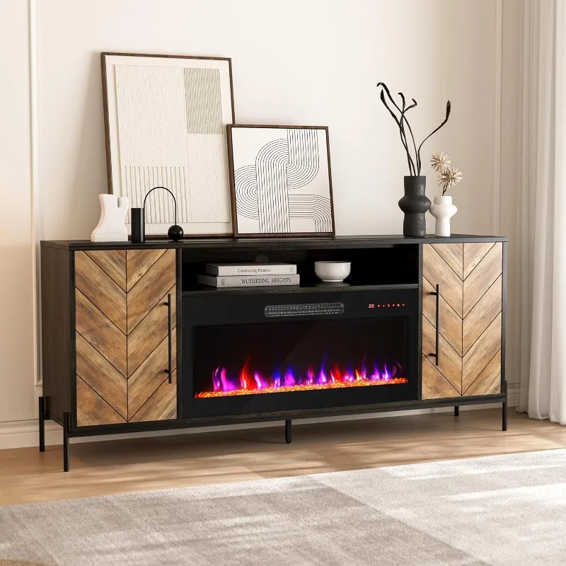 68-inch TV stand with 36-inch electric fireplace heater, entertainment center with storage cabinets