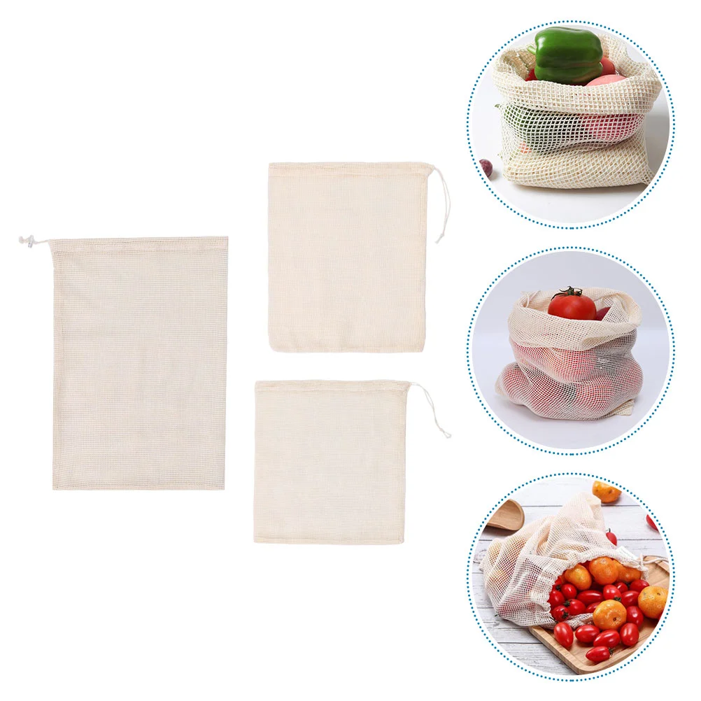 

3 Pcs Reusable Cotton Mesh Bags Breathable Foldable Strong Capacity Vegetable Fruit Storage Tote Grocery Drawstring Pouch Eco