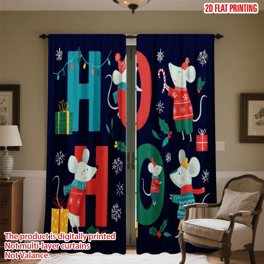 

2D flat printing 2pcs Window Drapes Christmas Mice and Letters Digital Printed Polyester Drapes Festive Holiday Use for Photo
