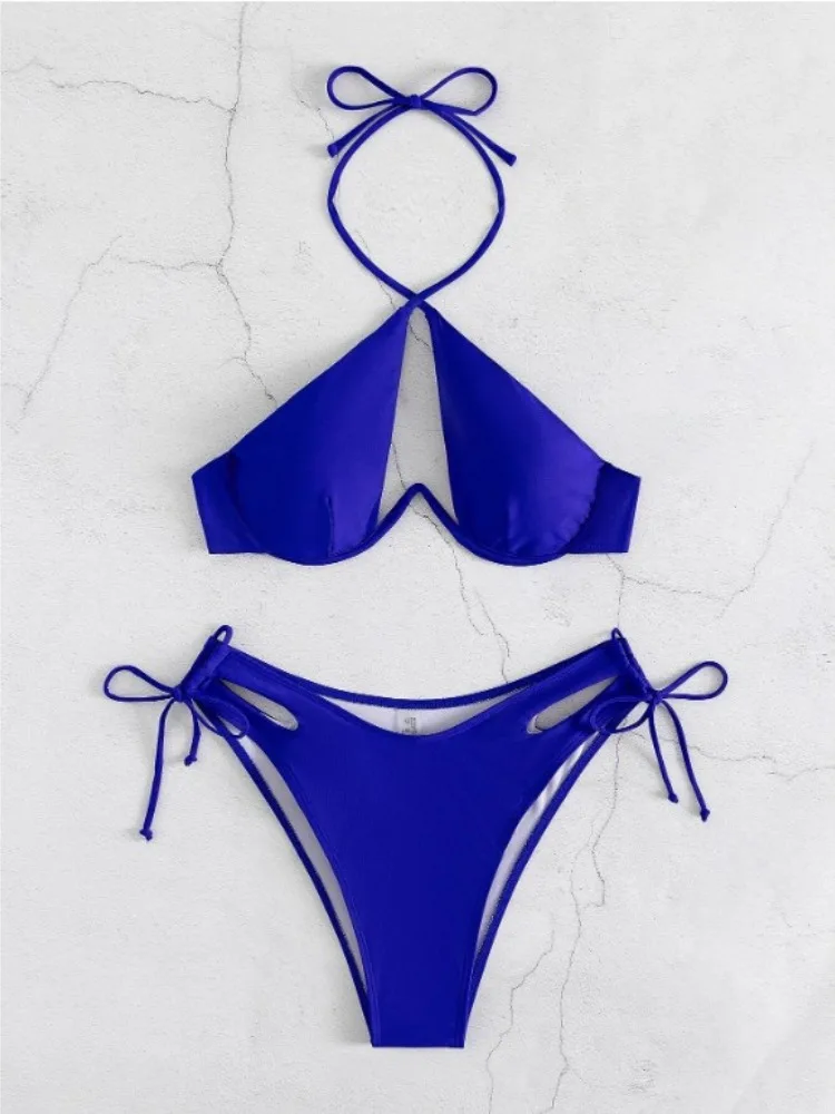 Sexy Drawstring Bandage Bikini Set 2024 Swimwear Women Two Pieces Swimsuit Cross Halter Push Up Bikinis Beach Wear Bathing Suit