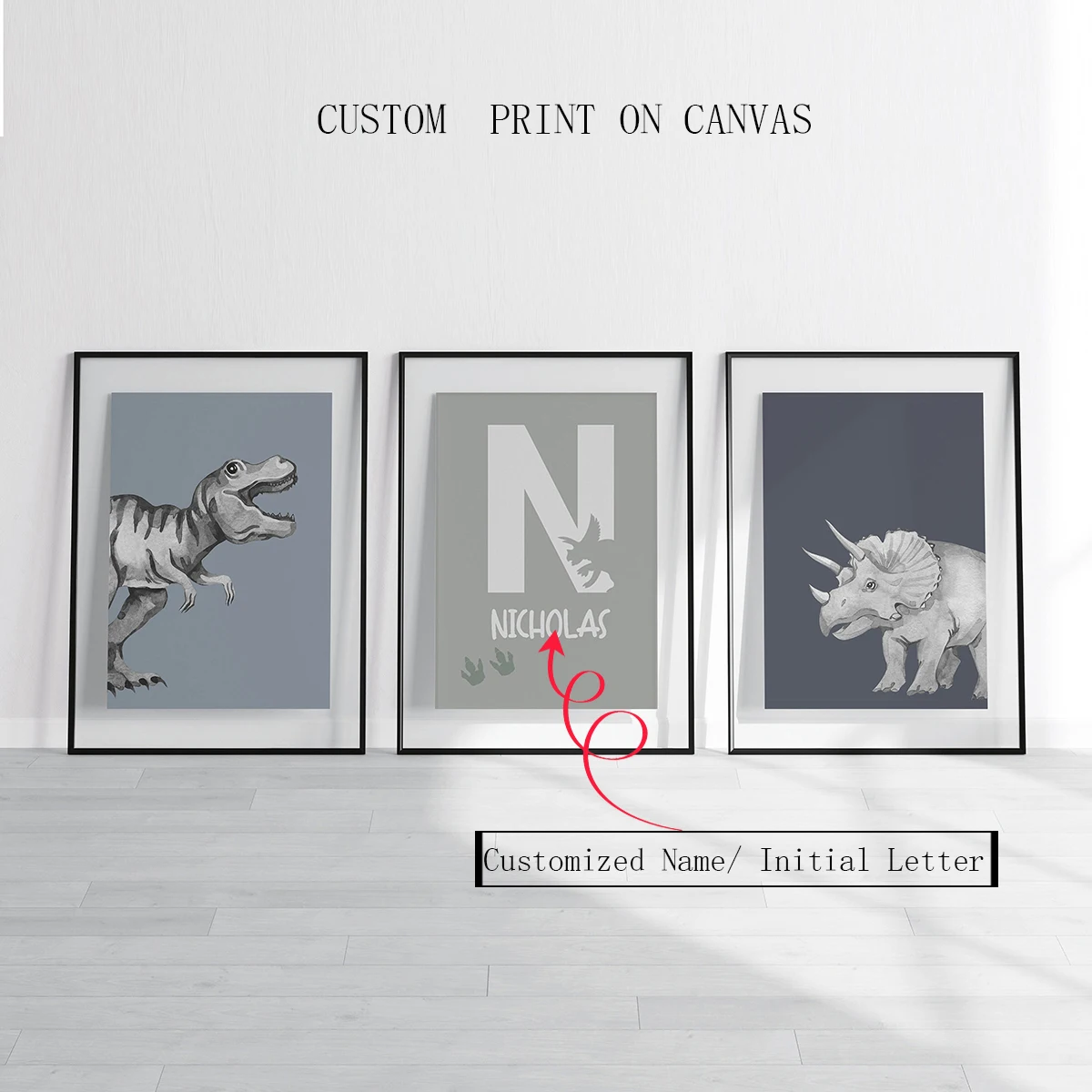 

3pcs/set personalized name canvas wall posters, cartoon dinosaur art prints, modern bohemian style, suitable for nurseries, chil