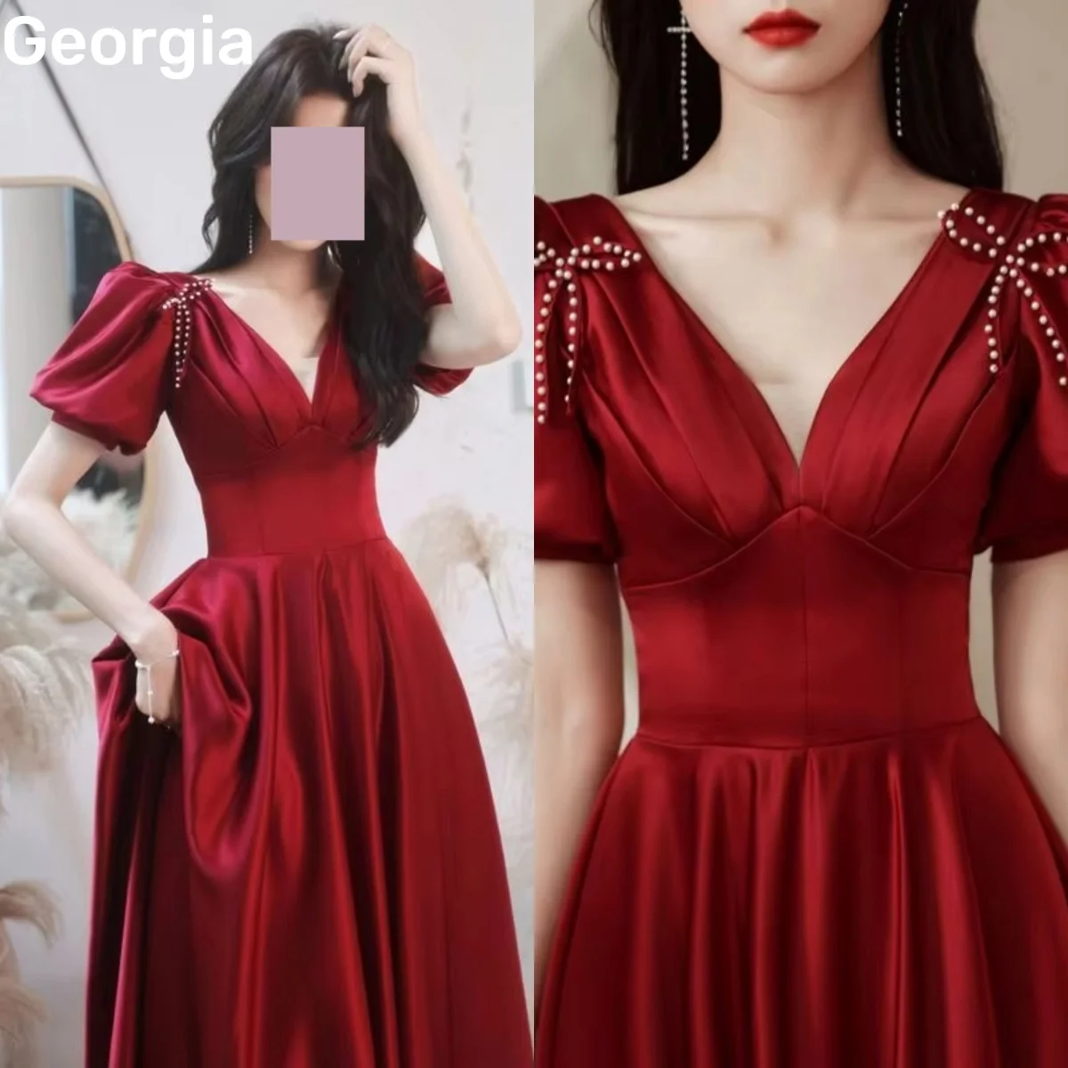 

Customize V-Neck Elegant Evening Dress A-Line Floor-Length Wedding Party Dress Beaded Zipper Up Short Sleeves Birthday Dresses