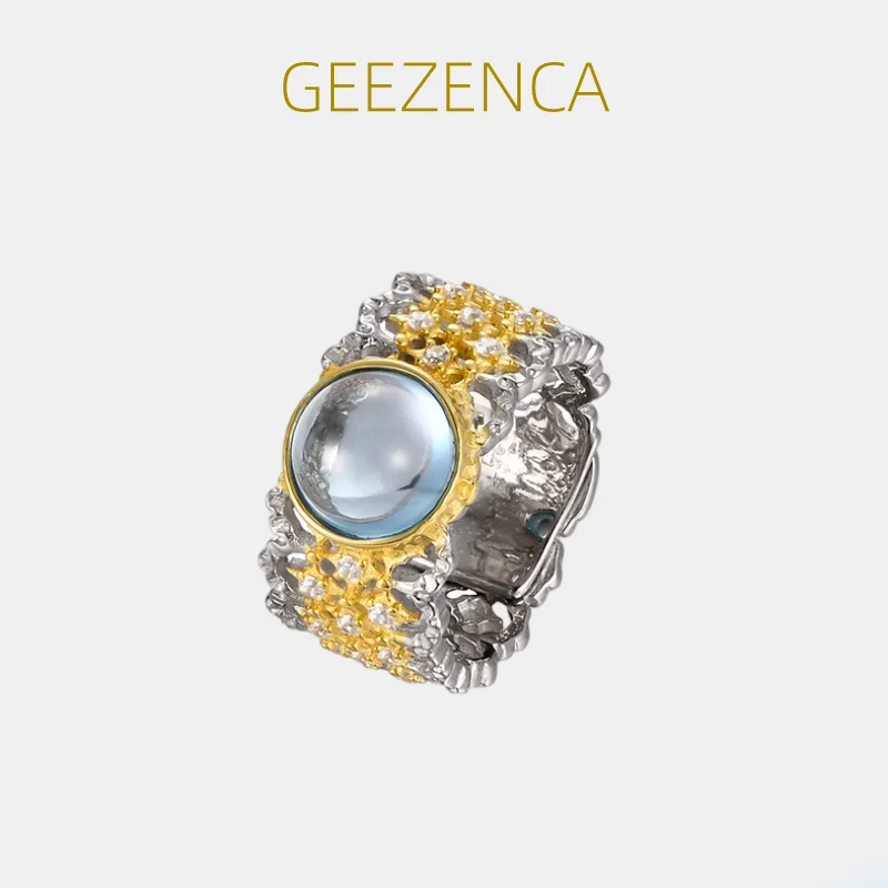 

GEEZENCA Natural Topaz S925 Silver Two Tone Wider Rings For Women Gemstone Vintage Court Lace Luxury Cocktail Ring 2023 New Gift