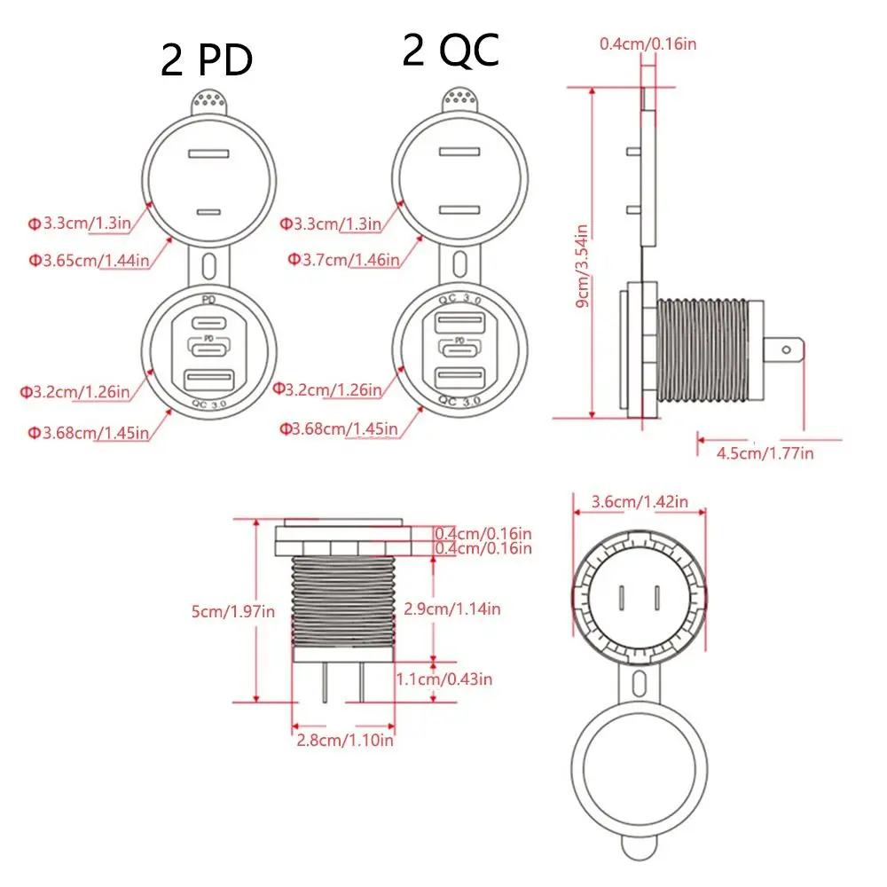 듀얼 PD/QC 포트 차량용 충전기 소켓, 고속 충전 방진 커버, 자동차 모토 어댑터, 3 포트 QC3.0 + PD, 12V, 24V