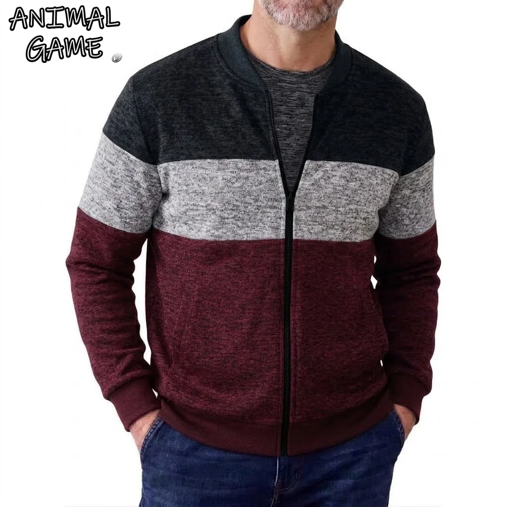 New Autumn Men's Casual Bomber Jacket Color Block Zip Knit Cardigan Sweatshirts Lightweight Stand Collar Outerwear Work Coats