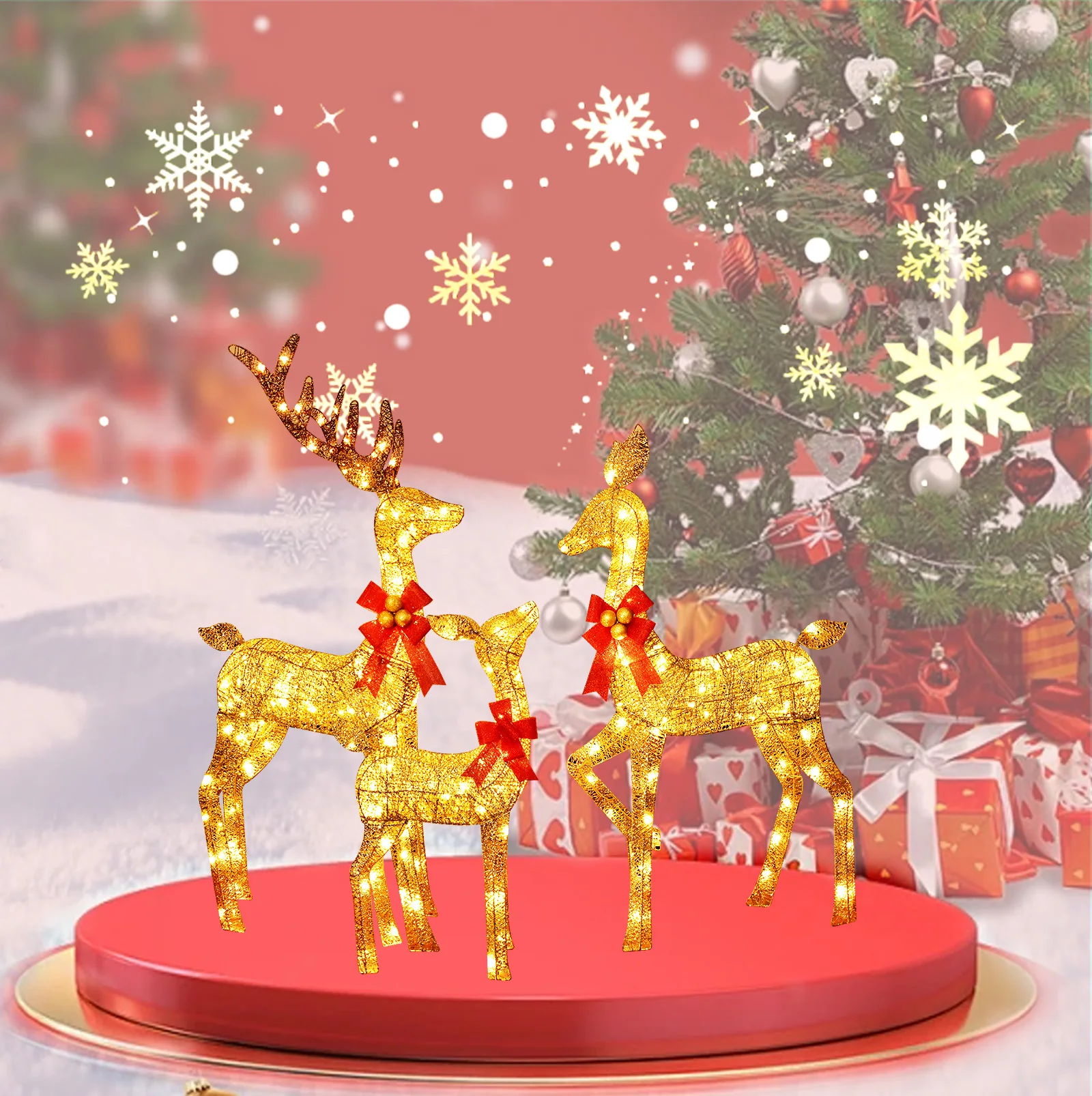 3D 3-Piece Lighted Christmas Deer Family Set Outdoor Yard Reindeer Holiday Decoration with 210 LED Lights up festive atmosphere