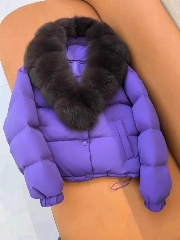 المرأة الجديدة الخريف الأبيض أوزة أسفل معطف سميكة أسفل سترة الشتاء الإناث معطف فرو الثعلب الحقيقي موضة الدافئة الفراء أسفل سترة منفوخة