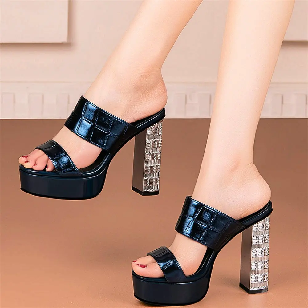 Party Pumps Women Sexy Genuine Leather Strappy Platform High Heels Open Toe Slide On Slippers Diamonds Wedding Party Shoe