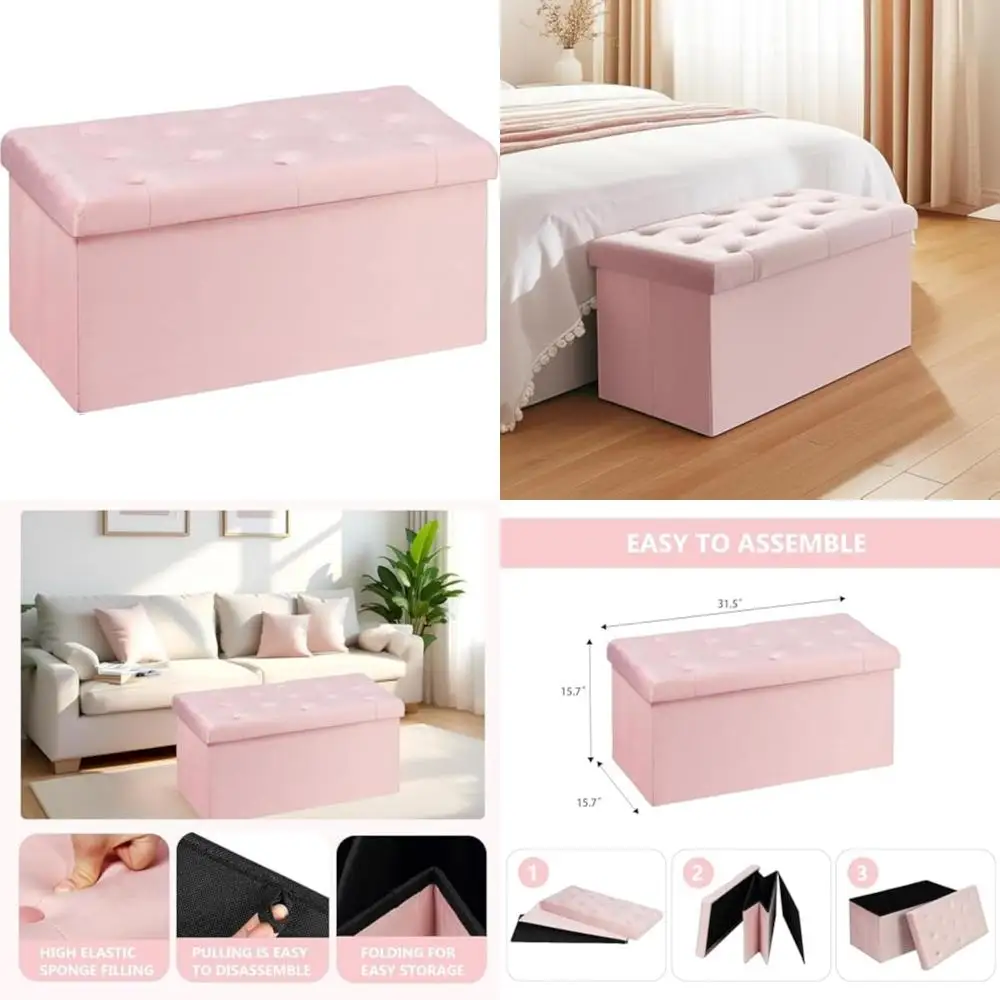

Velvet Pink Upholstered Ottoman with Storage for Bedroom, Serving as a Foot Rest Bench
