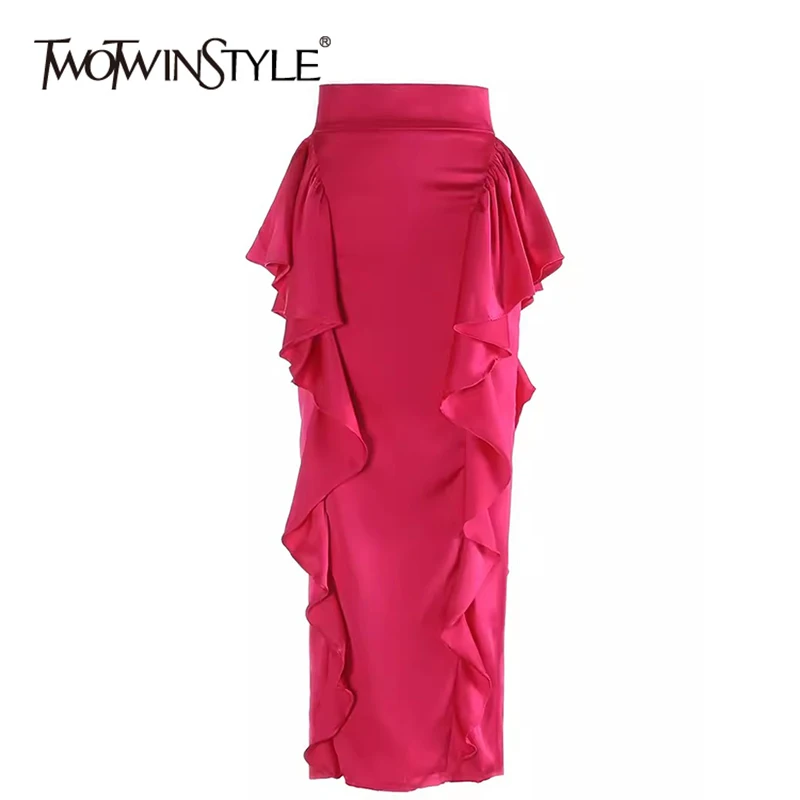 TWOTWINSTYLE Solid Elegant Spliced Folds Skirt For Women High Waist Bodycon Split Patchwork Zipper Slim Skirts Female KSK504179