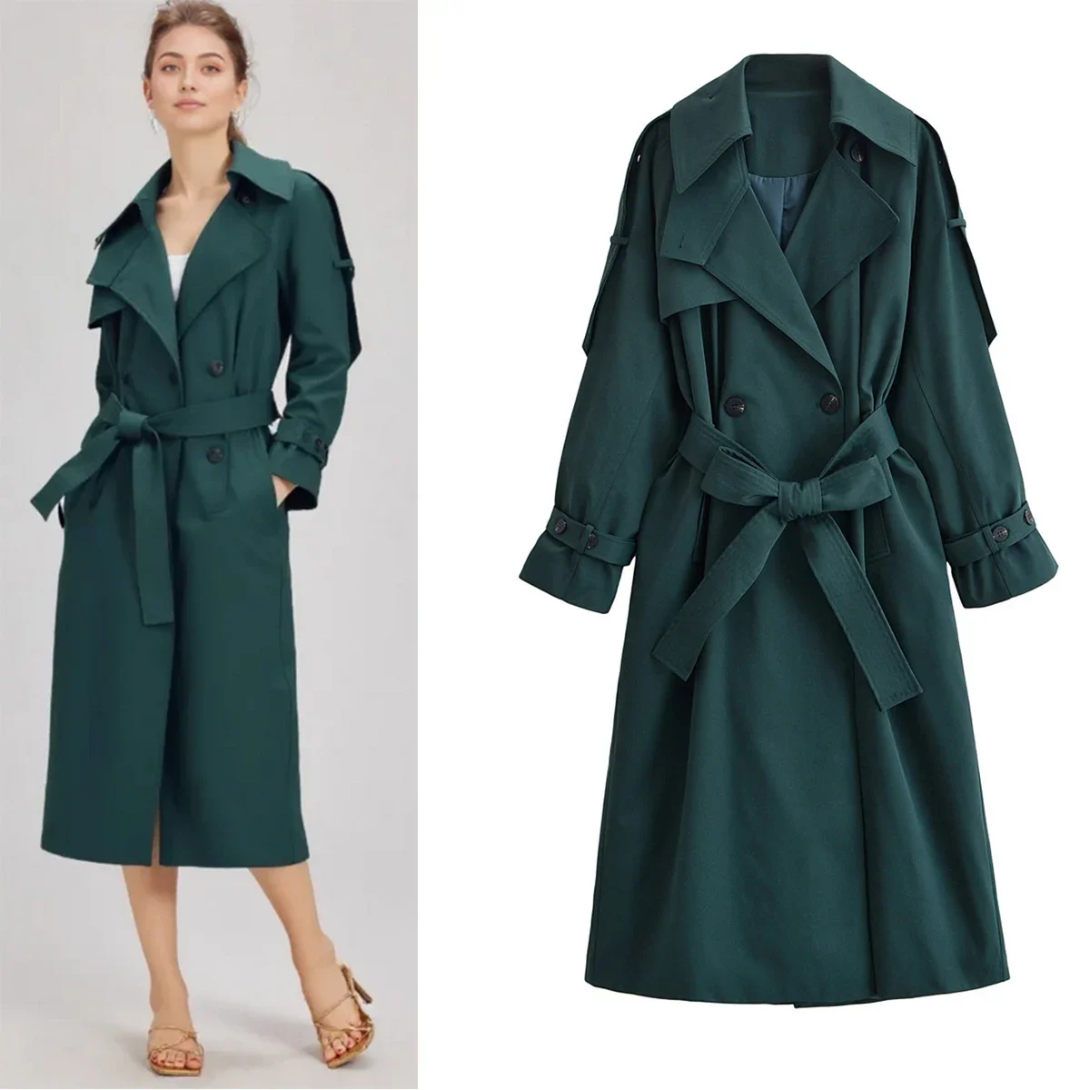 Mode jas met dubbele rij knopen Elegante lange trenchcoats voor dames Nieuw met riem Effen jas Street Style windjack