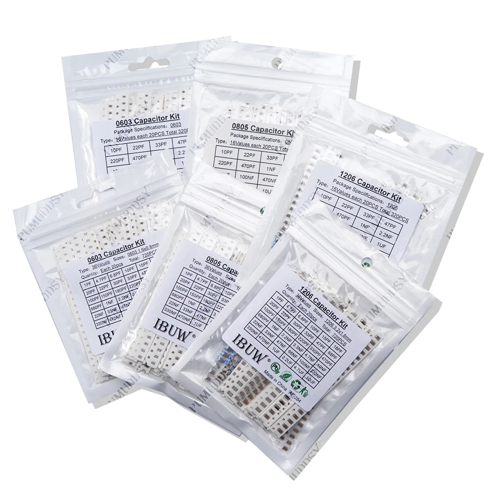 

320pcs 720pcs 2500pcs 0603 0805 1206 Smd Capacitor Kit Assorted Kit 16/36/50values Pumudsy 1pf ~ 1uf