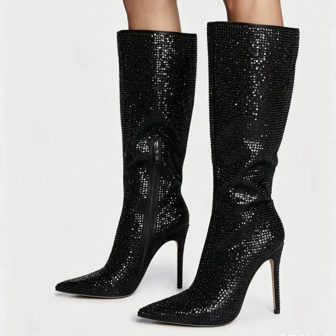 Black Full Rhinestone 2026 Pointed Toe Stiletto Knee High Pumps Boot Side Zipper Street Punk Elegant Party Lady Dress Women Shoe