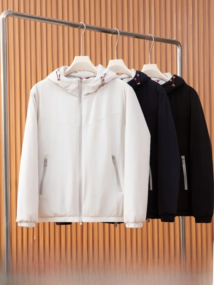 

Modern Luxury Men's Cotton Jaet Hooded Windproof Warm Fill Wool Cotton Coat Stand Fit Youth Faion Long Sve Pure Color