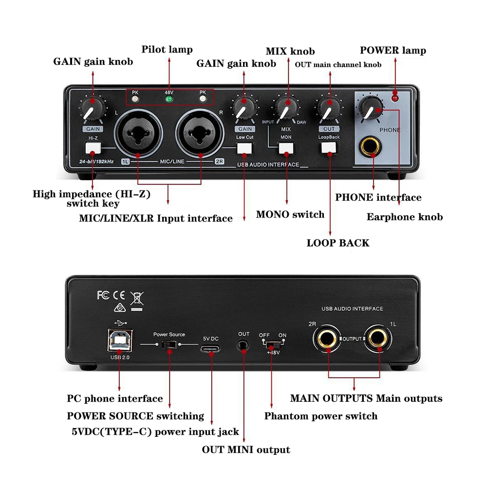 Portable Small External Professional Sound Card Audio Interface Recording With Loopback Monitor Phantom For Audio Equipment New