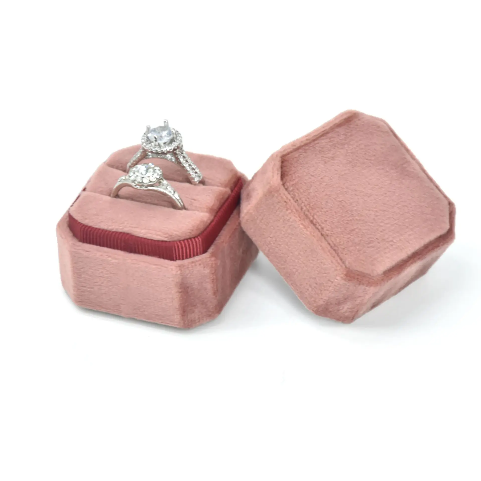 Octagonal Velvet Ring Box Single Double Three Slot Wedding Engagement Ring Box Earring Storage Box Elegant Retro