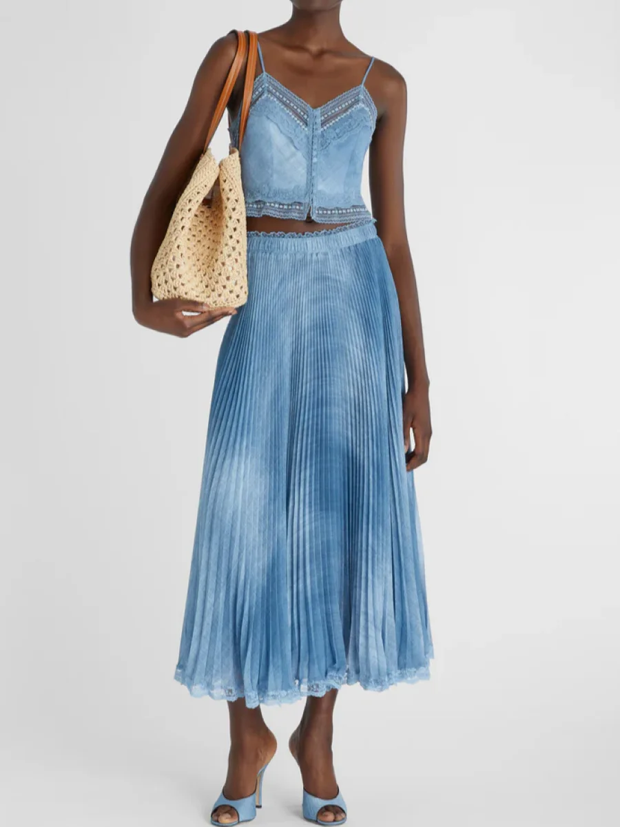 

Women Denim Blue 2-Pieces Set Lace Embroidery V-Neck Sleeveless Camisole Top + Elastic Waist A-Line Pleated Long Skirt Suits
