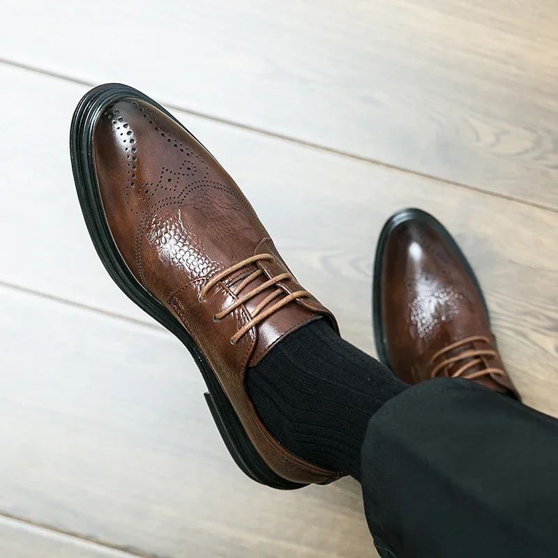 New Black Men Derby Shoes Brown Round Toe Lace-up Party Men's Formal Shoes Pu Leather  Size 38-46 Men Dress Shoes