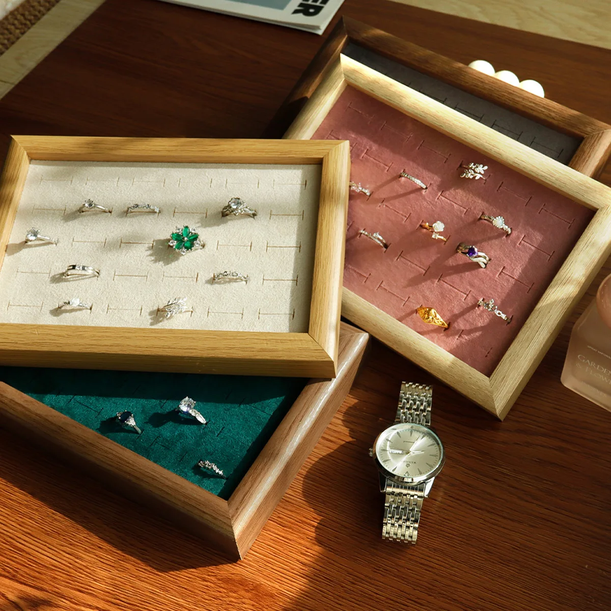 Bandejas de joyería de terciopelo, bandeja de exhibición de anillos con 30 ranuras, gran capacidad, anillo de dedo, pendientes, gemelos, estante de almacenamiento, organizador