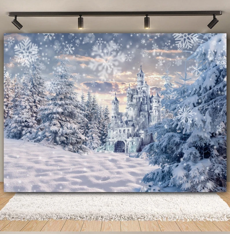 Winter Ice Castle Christmas Backdrop Frozen Wonderland Snowy Forest Xmas Kids Baby Portrait Photography Background Photo Studio