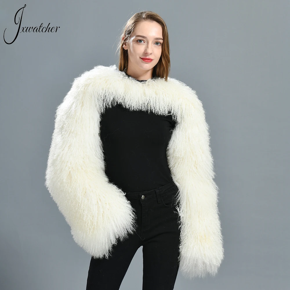 

Jxwatcher Women's Real Mongolian Fur Coat Long Sheep Hair Double Sleeves Autumn Winter Ladies Fashion Luxury Natural Fur Outwear