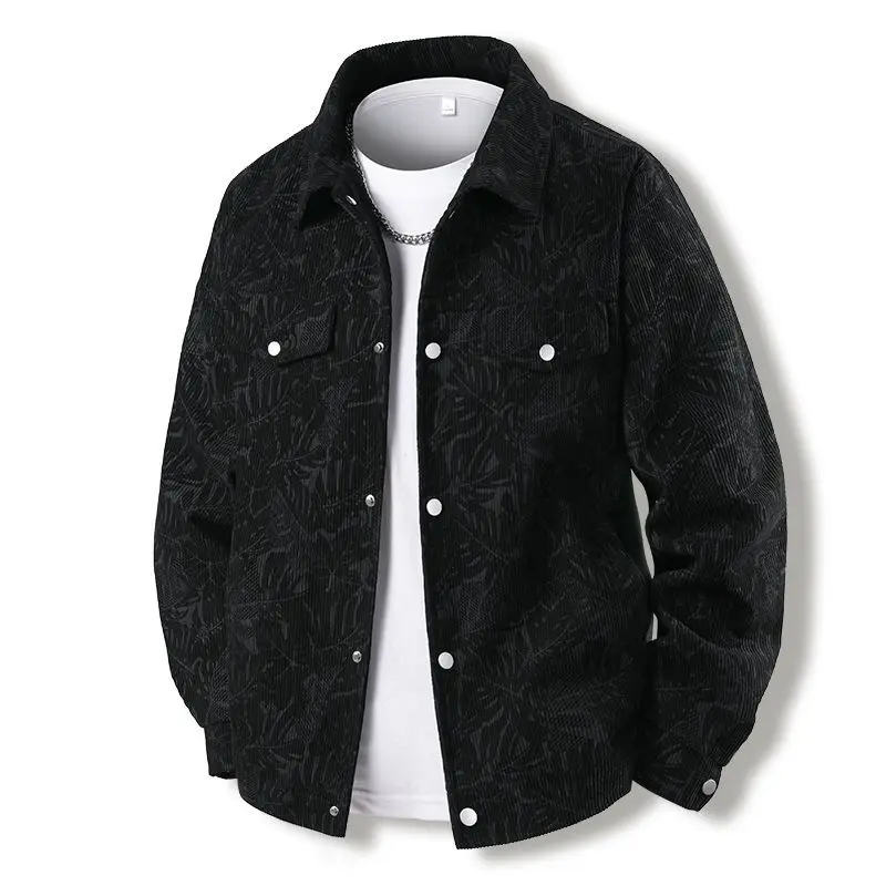 

​Flipped Collar Workwear Jacket for Men Thickened Denim Print Design Warmth Loose Fit for Spring Fall Outdoor Activities​