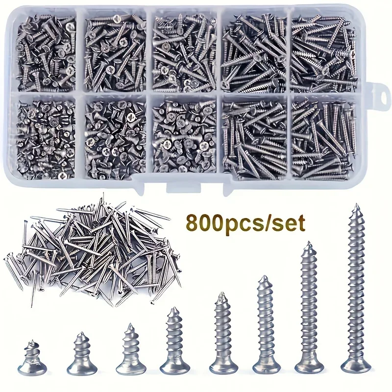 800-teiliges selbstschneidendes Holzschrauben-Set, M2, Kreuzschlitz, Flachkopf, Blechschraube, selbstsichernde Mutter, Holzfaden, Nagelschrauben-Sets