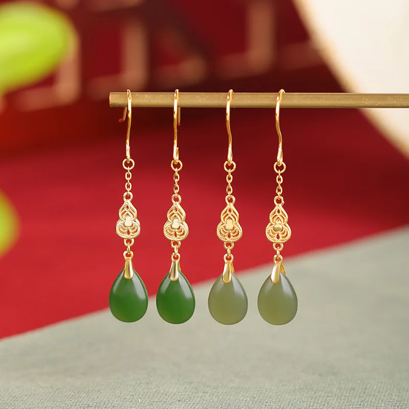 Natural Hetian S925 Sterling Silver Gold-Plated Filigree Gourd Drop Jadeite Jade Ear Hooks And Earrings