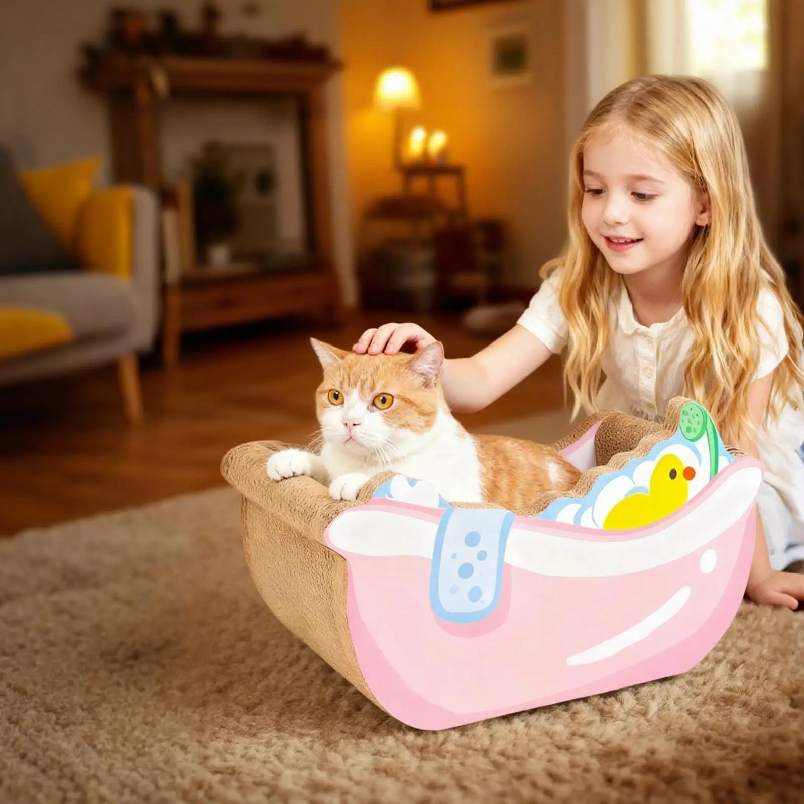 猫用ベッド 小型バスタブ型巣 爪とぎ付き 段ボール製 可愛い子猫・子犬・小型犬用ペットベッド ホームデコレーション リビング用