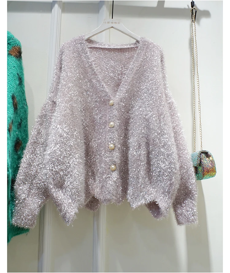 Korean Style V-Neck Short Knitted Loose Sweater Coat Single Button Sparkling Lazy Style Autumn Winter New Arrival Women\'s Fas...