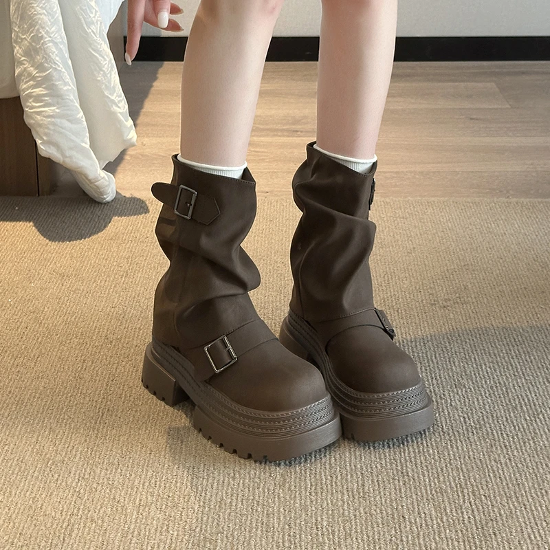 

Retro Women Boots Fashion Stack Slouch Boots Exquisite Thick Sole Motorcycle Boots for Woman High End Designer Shoes Botas Mujer