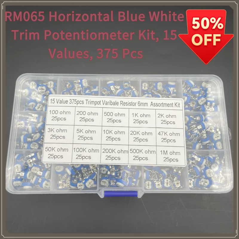 375Pcs 15Values RM065 Horizontal Blue White Trim Potentiometer Kit 100R-1M Variable Resistor Assortment