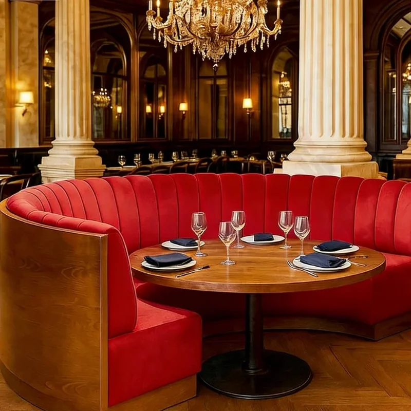 Luxury French Vintage Curved Booth Bench Red Channel Tufted Corner Booth for Restaurant Dining Table Set