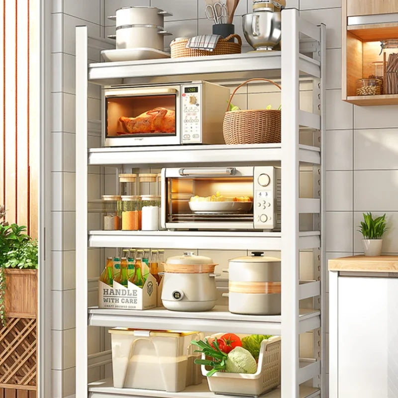 Mobile kitchen storage rack, floor to floor, multi-layer microwave oven, oven storage rack, household balcony, white storage cab