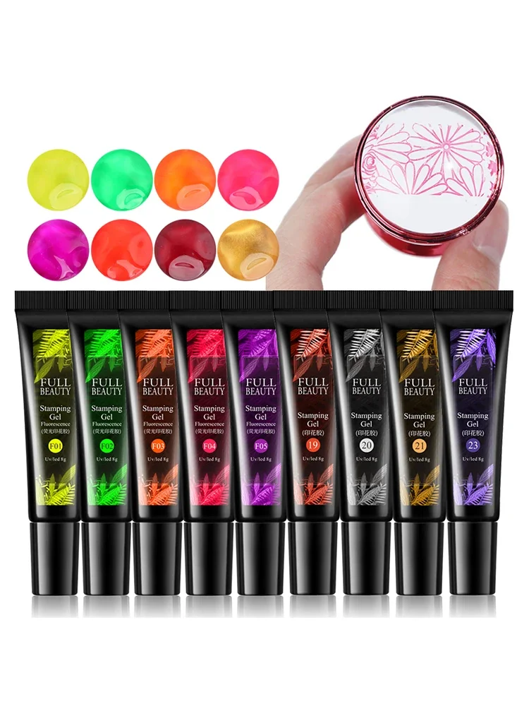 Plaques d'estampage fluorescentes, ensemble de manucure pour vernis à ongles en Gel, laque hybride pour modèles d'art des ongles, accessoires d'impression, 5/6 pièces