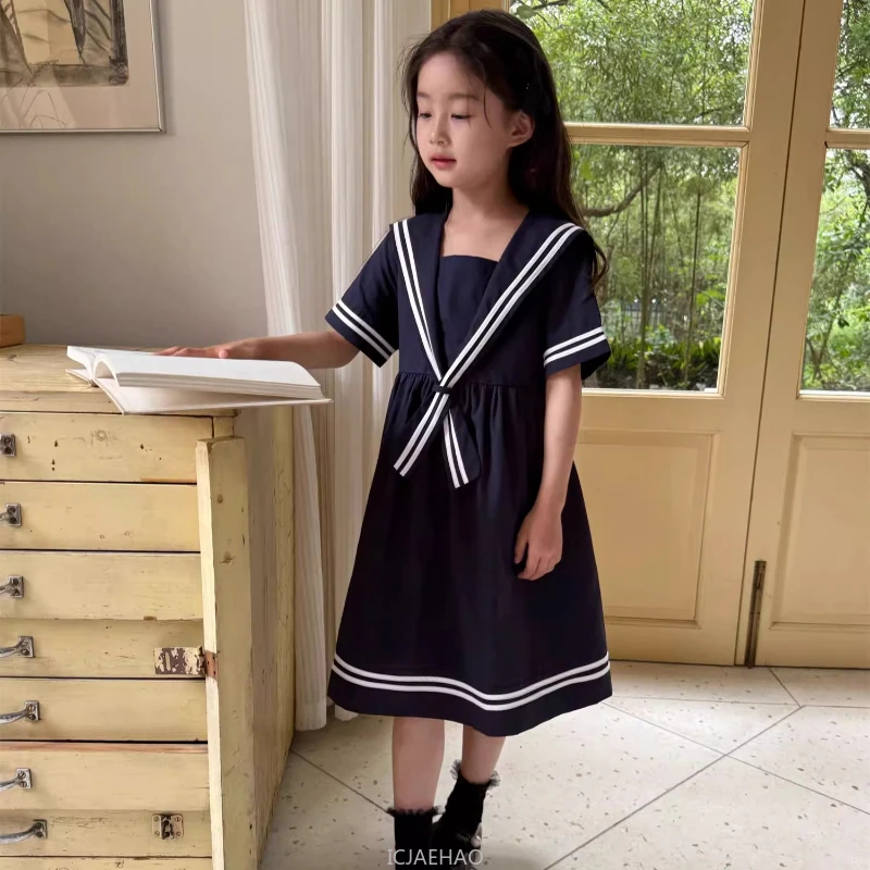 Teen Girl Clothes 2025 Children Vintage Navy Collar Girls Short Sleeve DressCasual Outfits Summer Costumes Preppy Style Simple