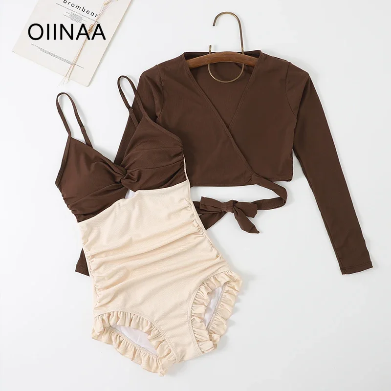 

OIINAA Sexy Swimwear Women V Nece Long Sleeve Hot Spring Swimwear Ruffled Lace Up Beachwear Summer 2025 New Korean Bathing Suit