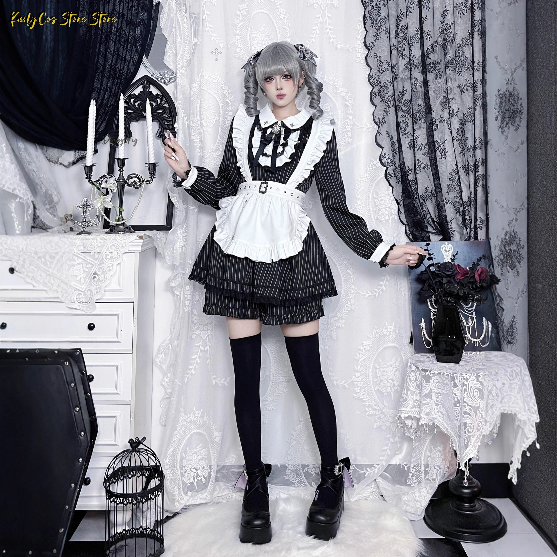 New Japanese Subculture Striped Maid Outfit Jirai Kei Lolita Long-Sleeve Dress SetRuffled Lace+Apron+Belt | Anime Maid Style view 4