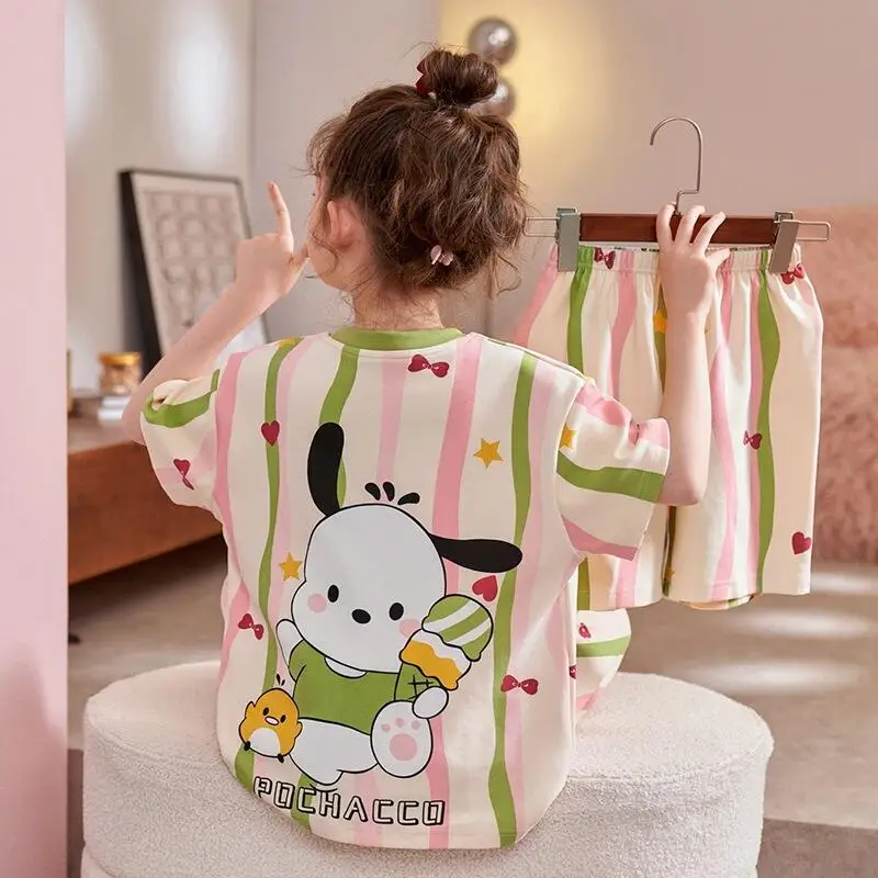 

Girls Summer Short-Sleeved Shorts Home Clothes Set Girls T-Shirt Trousers Pajamas Children's Three-Piece Set Parent-Child Style